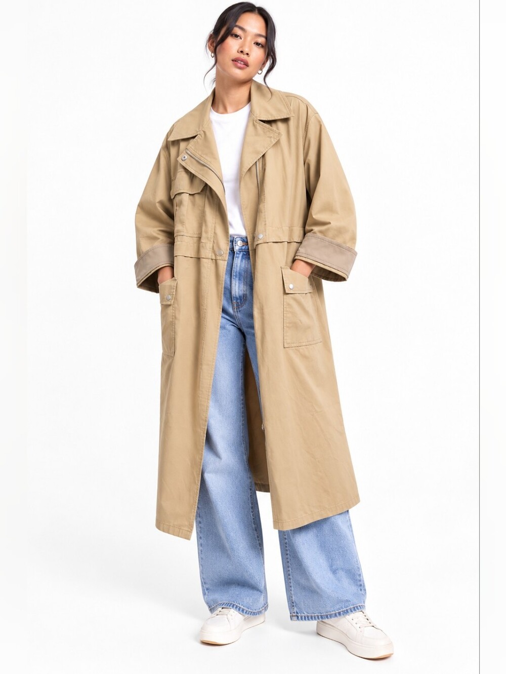 ASOS Beige Utility Trench Half Zip Snap Front Long Oversized Coat Jacket Size 6